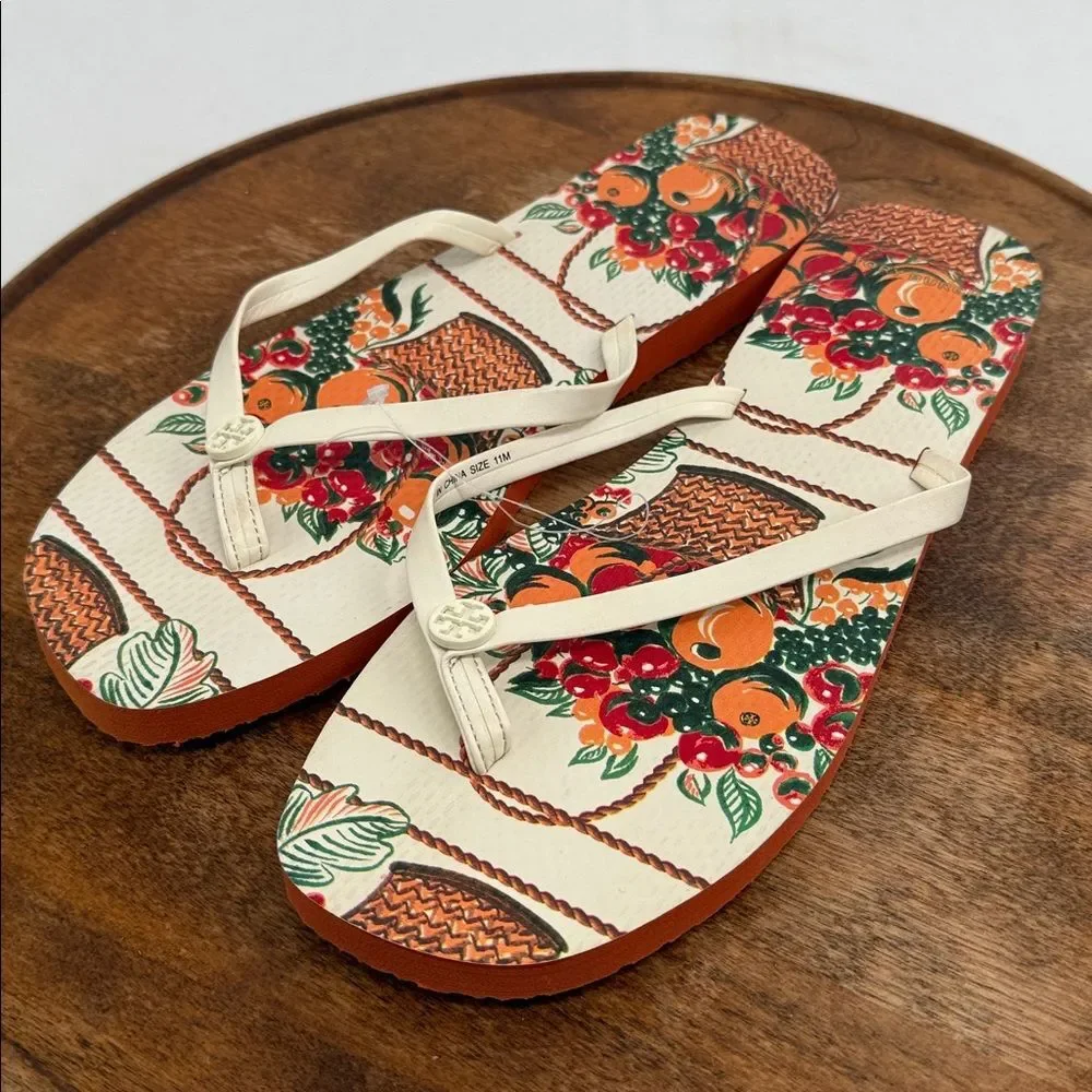 Tory Burch Sandals Wm 11 Thong Flip Flops Fall Orange Cream Cloud/Fruit Basket - Picture 1 of 9